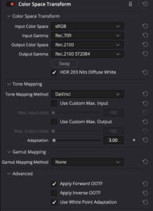 Davinci Resolve settings used to inverse tonemap from SDR to HDR